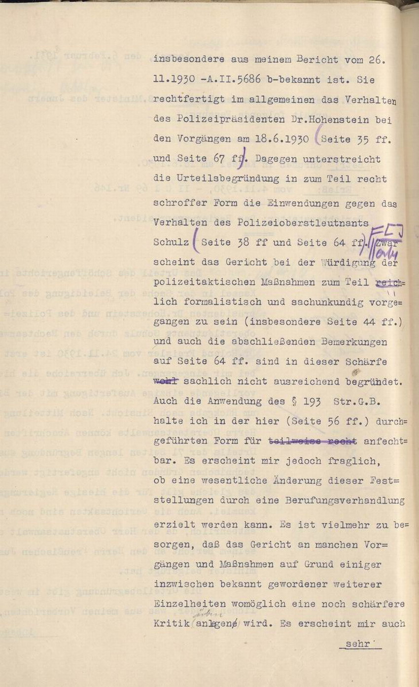 Bericht des Regierungspräsidenten an den Preußischen Minister des Innern: Prozessverlauf und Urteil im Verfahren gegen Freisler, Kassel, den 6. Februar 1931.