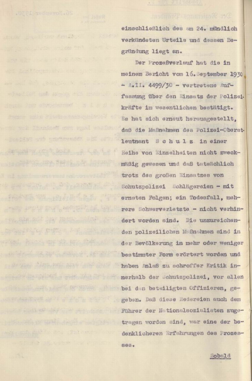 Bericht des Regierungspräsidenten an den Preußischen Minister des Innern: Prozessverlauf und Urteil im Verfahren gegen Freisler, Kassel, den 26. November 1930.