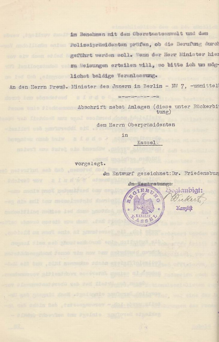 Bericht des Regierungspräsidenten an den Preußischen Minister des Innern: Prozessverlauf und Urteil im Verfahren gegen Freisler, Kassel, den 26. November 1930.