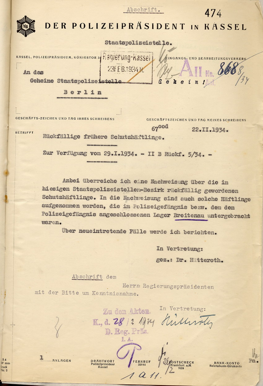 Nachweisung des Polizeipräsidenten über die im Staatspolizeistellen-Bezirk Kassel rückfällig gewordenen Schutzhäftlinge, Kassel, den 22. Februar 1934.