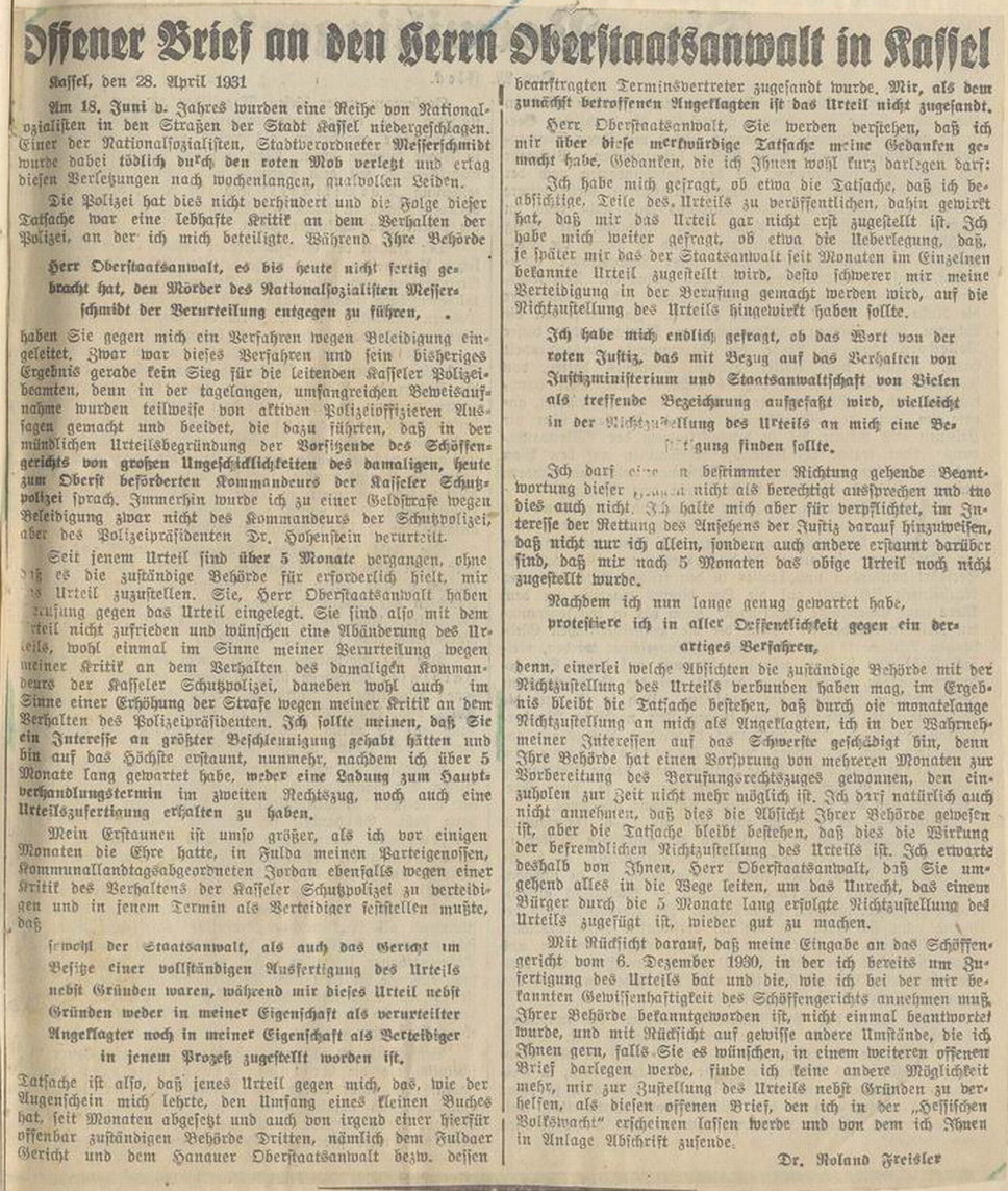 Offener Brief Freislers an den Oberstaatsanwalt in der "Hessischen Volkswacht", Kassel, den 29. April 1931.