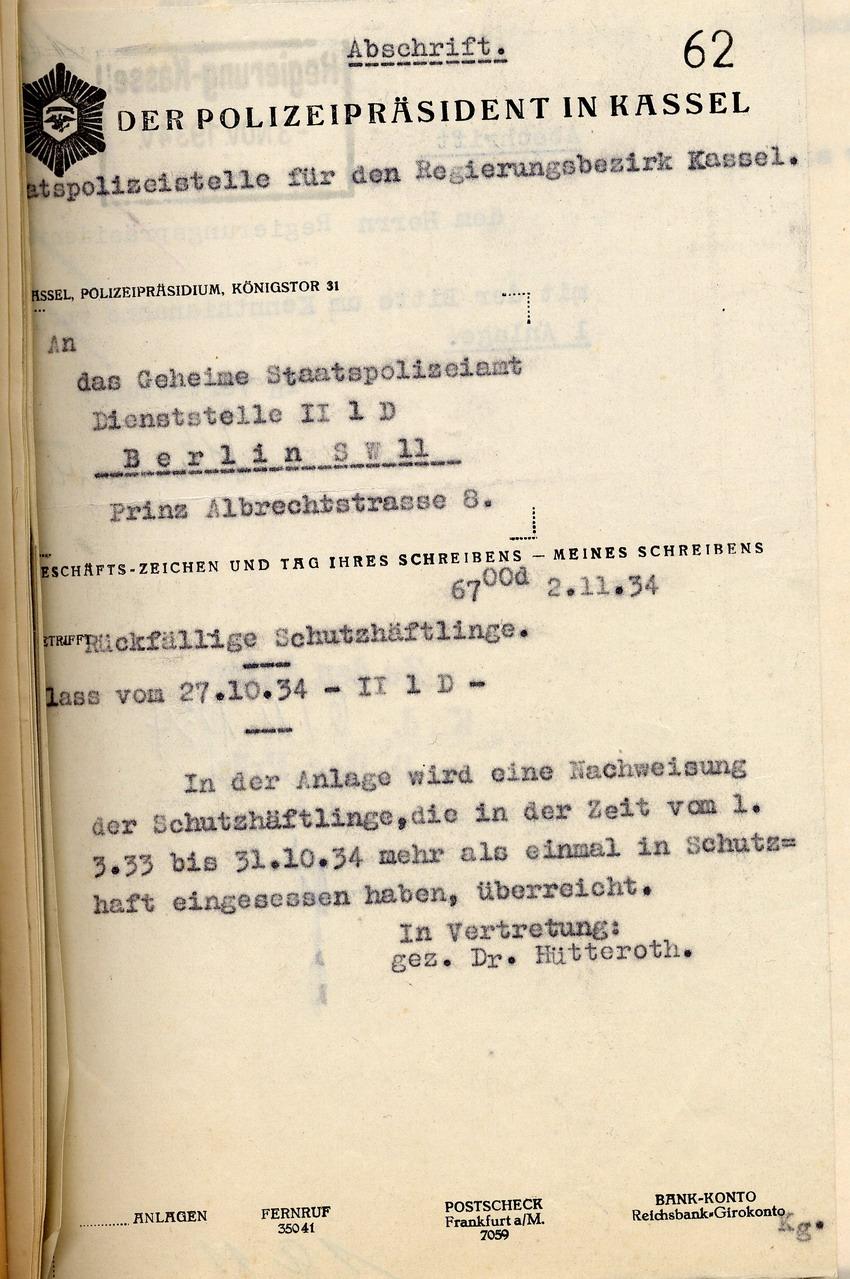 Nachweisung der Staatspolizeistelle über die Schutzhäftlinge, die in der Zeit vom 1. März 1933 bis zum 31. Oktober 1934 mehr als einmal in Schutzhaft eingesessen haben, Kassel, den 2. November 1934.