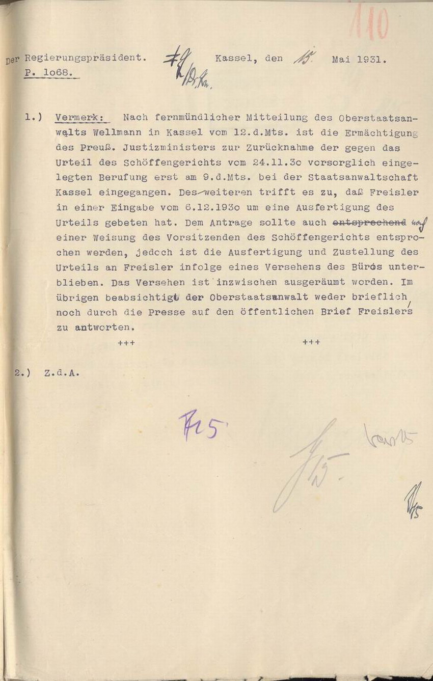 Vermerk des Regierungspräsidenten: Rücknahme der Berufung gegen das Urteil im Prozess gegen Freisler, Kassel,  den15. Mai 1931.
