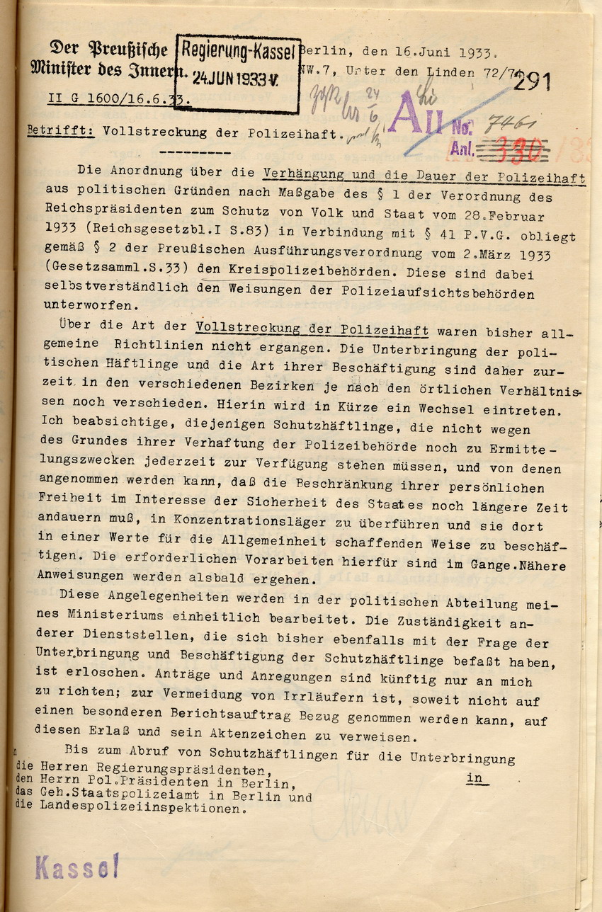 Schreiben des Innenministers mit Anweisungen zur Vollstreckung der Polizeihaft, Berlin, den 16. Juni 1933.