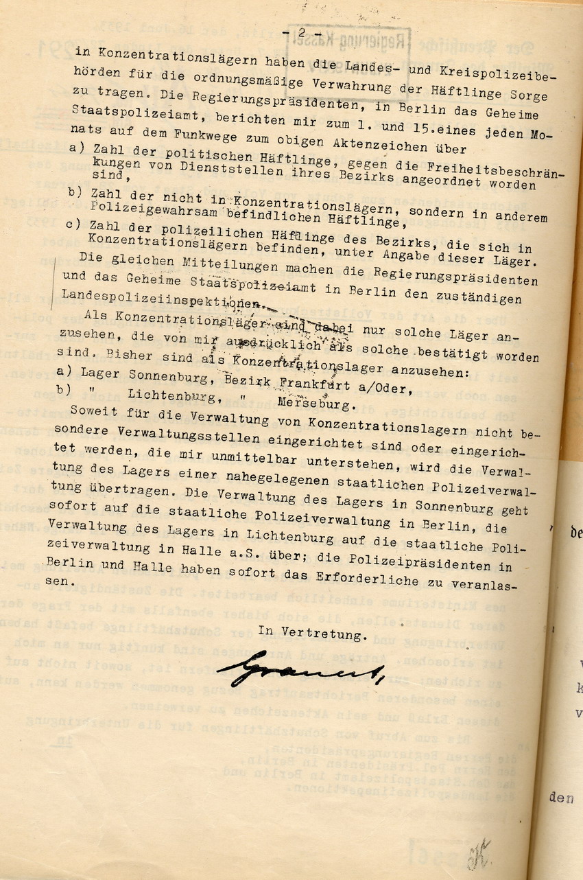 Schreiben des Innenministers mit Anweisungen zur Vollstreckung der Polizeihaft, Berlin, den 16. Juni 1933.