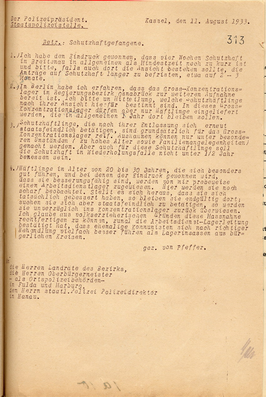 Schreiben des Polizeipräsidenten betr. Maßnahmen zur Vollstreckung der Schutzhaft sowie der Behandlung von Schutzhäftlingen vom 11. August 1933.