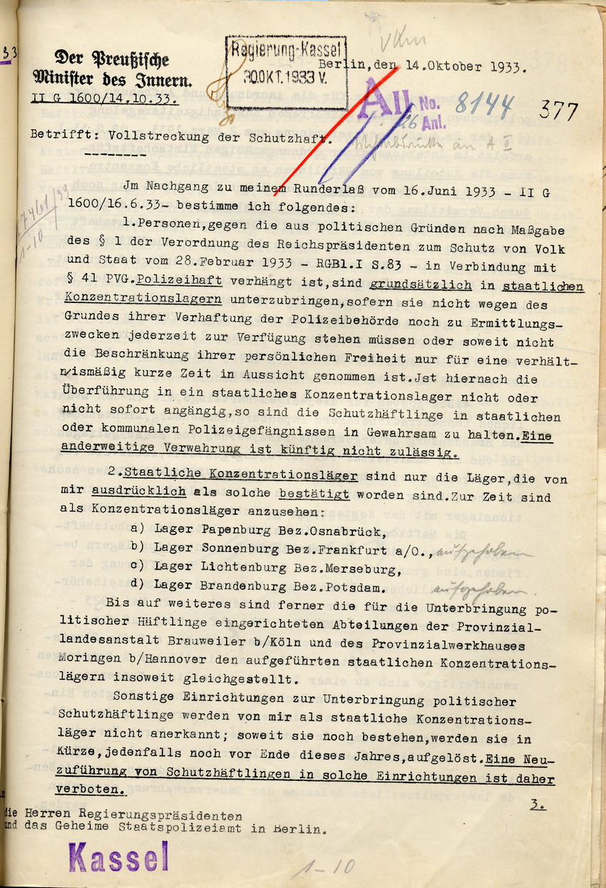 Bestimmungen des Innenministers zur Vollstreckung der Schutzhaft, Berlin, den 14. Oktober 1933.