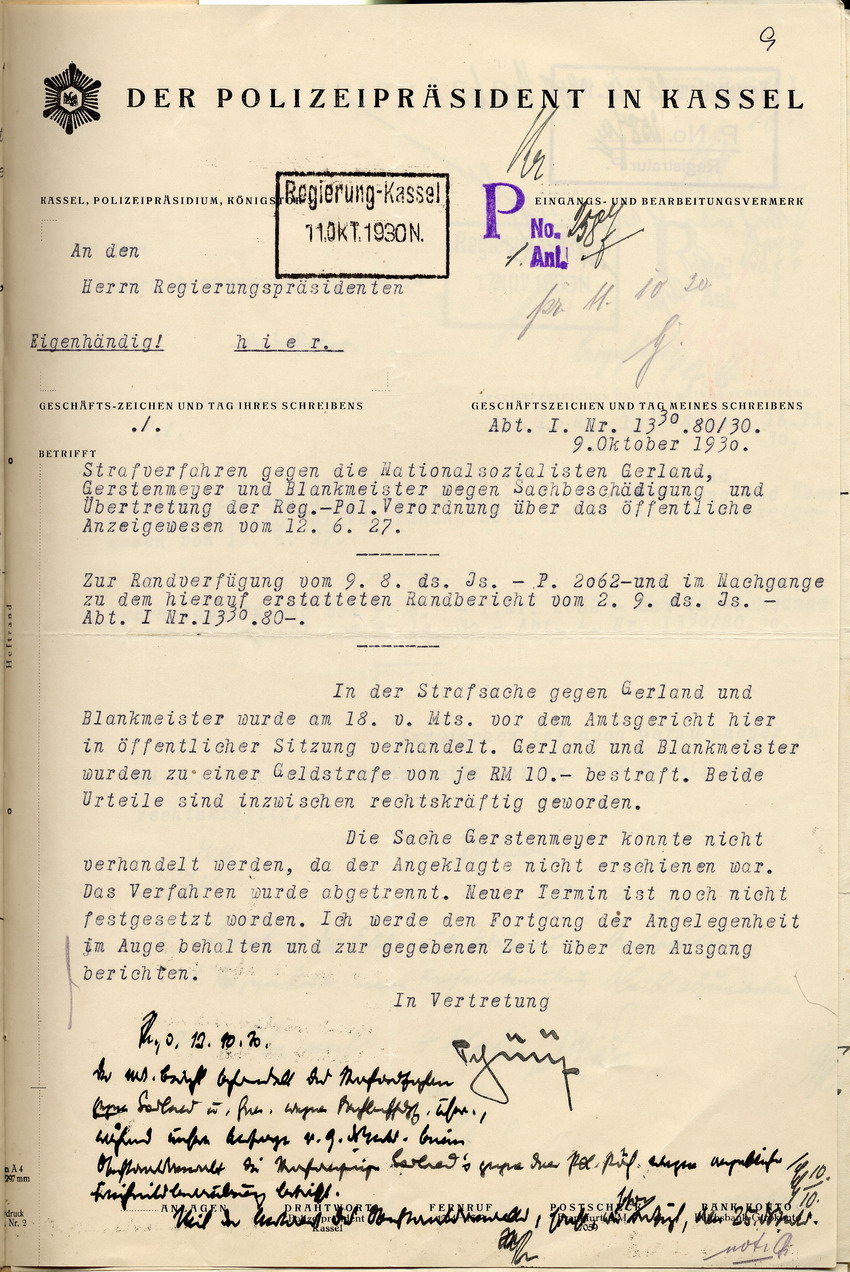Mitteilung des Polizeipräsidenten Hohenstein über das Urteil im Fall Gerland, Kassel, den 9. Oktober 1930.