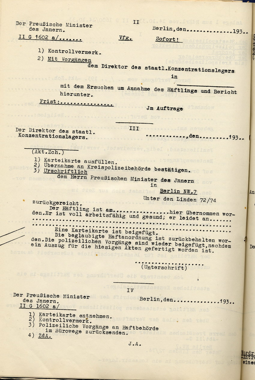 Erste Anlage zu den Bestimmungen des Innenministers zur Vollstreckung der Schutzhaft: Antrag auf Überführung eines Häftlings in ein staatliches Konzentrationslager, Berlin, den 14. Oktober 1933.