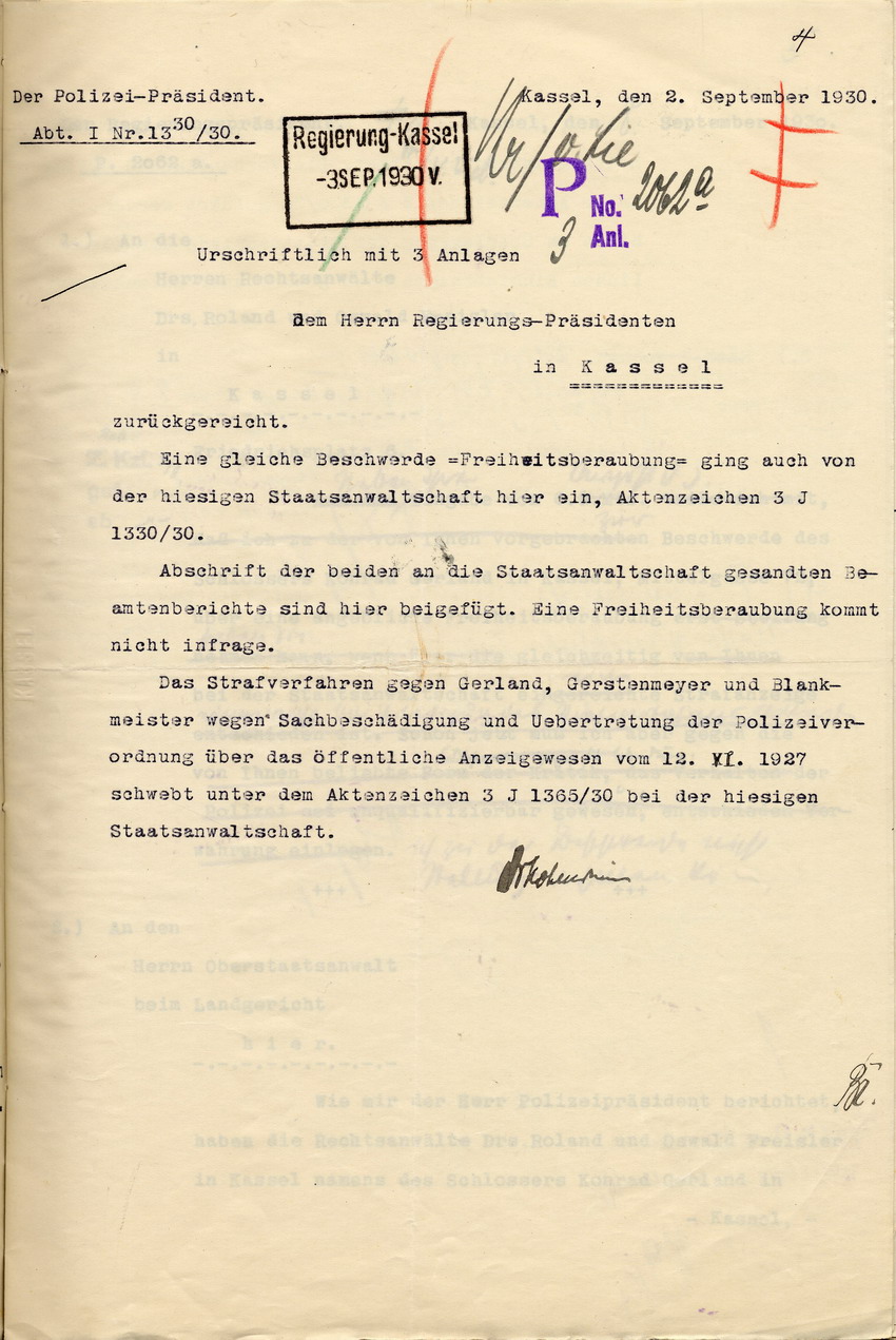 Stellungnahme des Polizeipräsidenten Hohenstein an den Regierungspräsidenten im Fall Gerland, Kassel, den 2. September 1930.