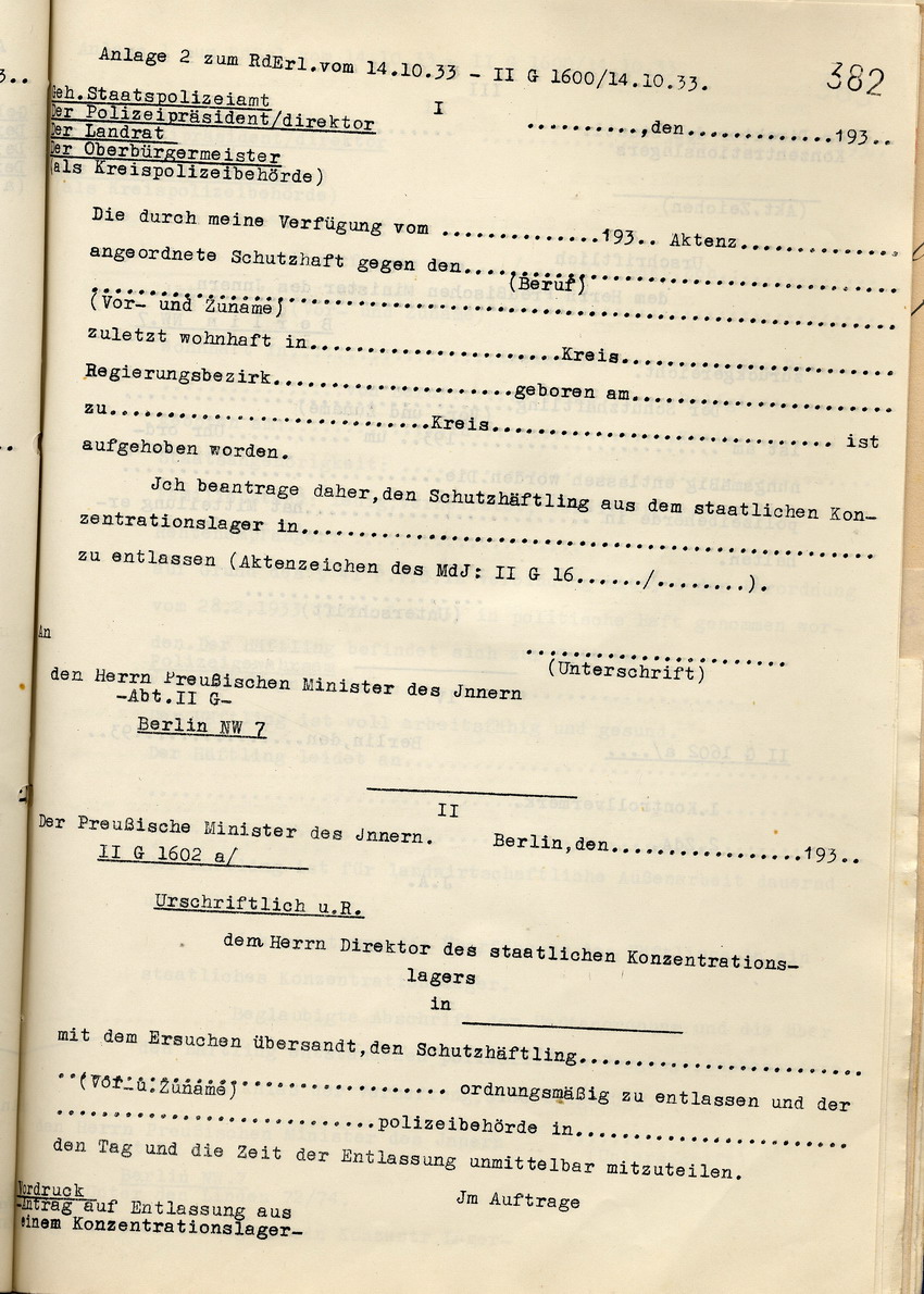 Zweite Anlage zu den Bestimmungen des Innenministers zur Vollstreckung der Schutzhaft: Antrag auf Entlassung eines Schutzhäftlings aus einem staatlichen Konzentrationslager, Berlin, den 14. Oktober 1933.
