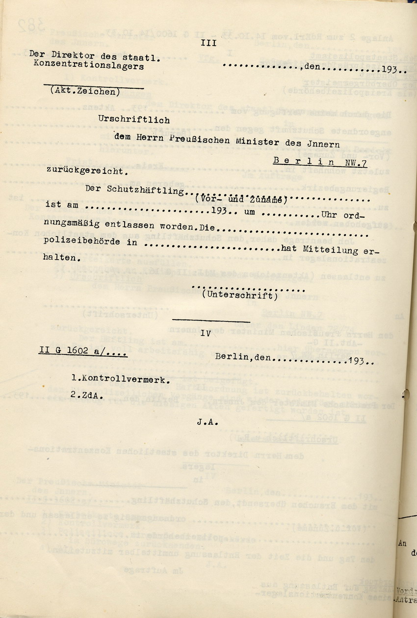 Zweite Anlage zu den Bestimmungen des Innenministers zur Vollstreckung der Schutzhaft: Antrag auf Entlassung eines Schutzhäftlings aus einem staatlichen Konzentrationslager, Berlin, den 14. Oktober 1933.