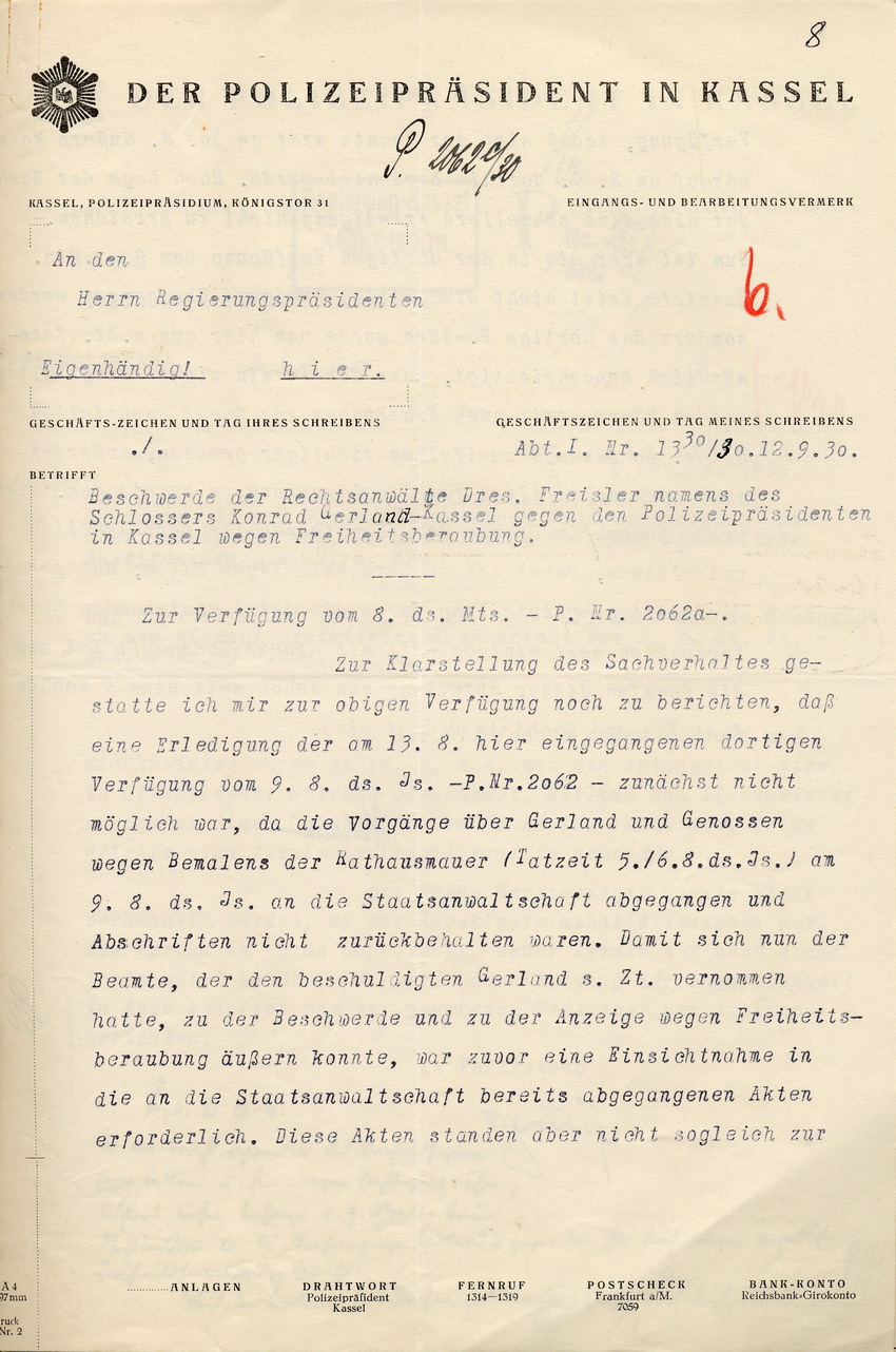 Polizeipräsident Hohenstein an den Regierungspräsidenten: Klarstellung des Sachverhalts im Fall Gerland, Kassel, den 12. Sepember 1930.