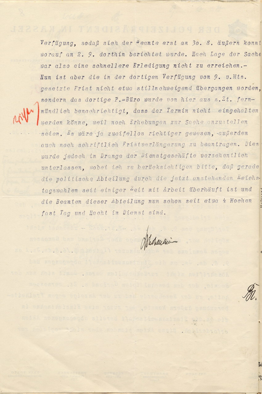 Polizeipräsident Hohenstein an den Regierungspräsidenten: Klarstellung des Sachverhalts im Fall Gerland, Kassel, den 12. Sepember 1930.