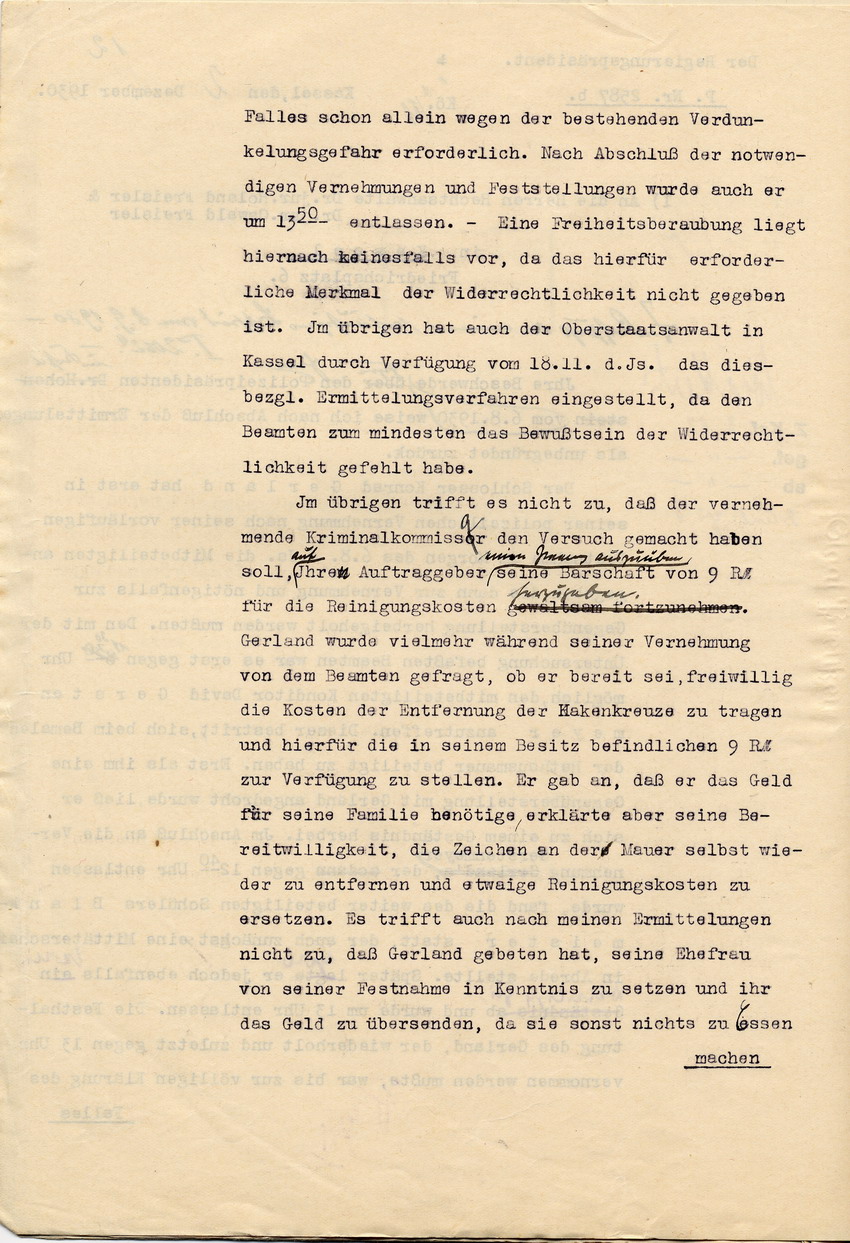 Der Regierungspräsident an die Anwaltskanzlei Freisler: Zurückweisung der Beschwerde namens Konrad Gerland gegen den Polizeipräsidenten Hohenstein wegen Freiheitsberaubung, Kassel, den 2. Dezember 1930.