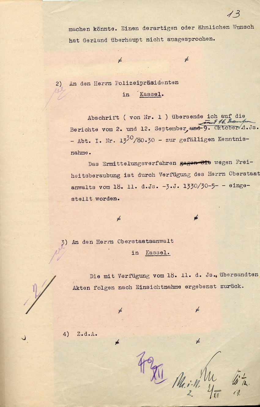 Der Regierungspräsident an die Anwaltskanzlei Freisler: Zurückweisung der Beschwerde namens Konrad Gerland gegen den Polizeipräsidenten Hohenstein wegen Freiheitsberaubung, Kassel, den 2. Dezember 1930.
