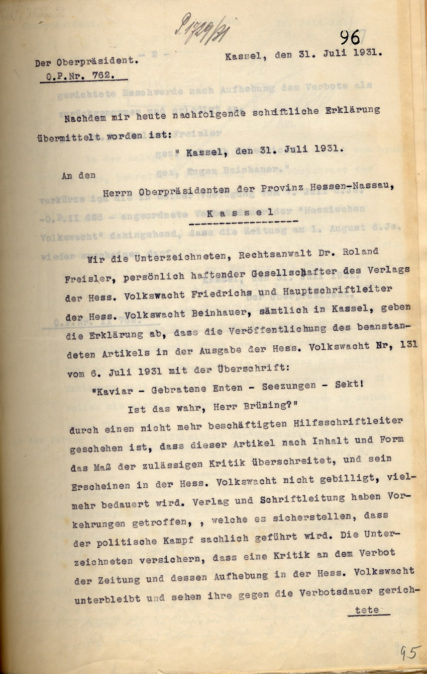 Offizielle Stellungnahme der "Hessischen Volkswacht" zum Brühning-Artikel nebst der Reaktion des Oberpräsidenten, Kassel, den 31. Juli 1931.
