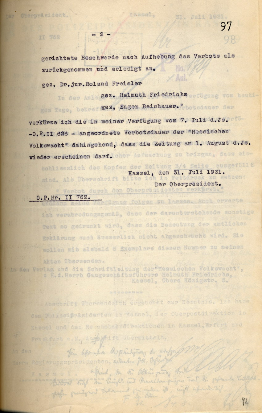 Offizielle Stellungnahme der "Hessischen Volkswacht" zum Brühning-Artikel nebst der Reaktion des Oberpräsidenten, Kassel, den 31. Juli 1931.