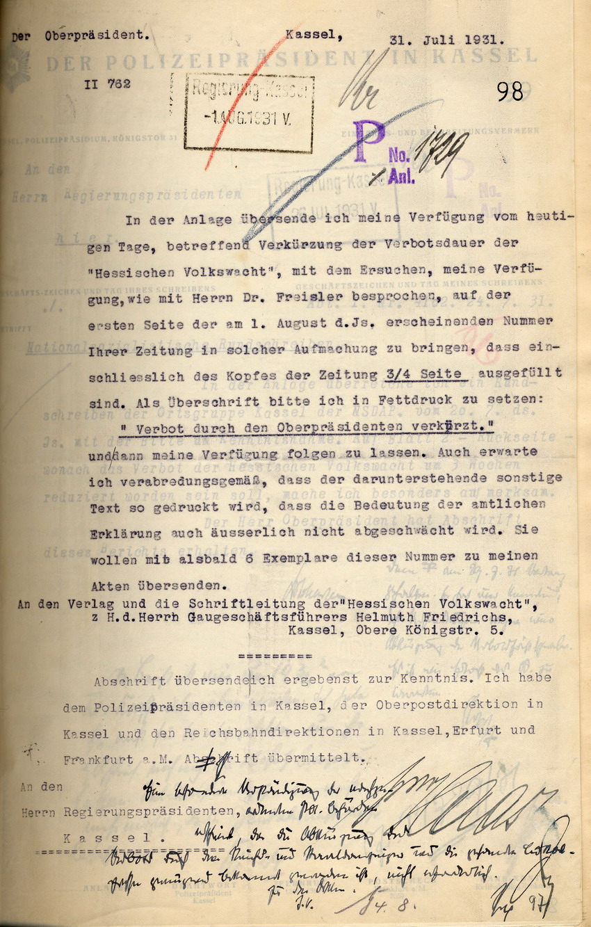 Offizielle Stellungnahme der "Hessischen Volkswacht" zum Brühning-Artikel nebst der Reaktion des Oberpräsidenten, Kassel, den 31. Juli 1931.