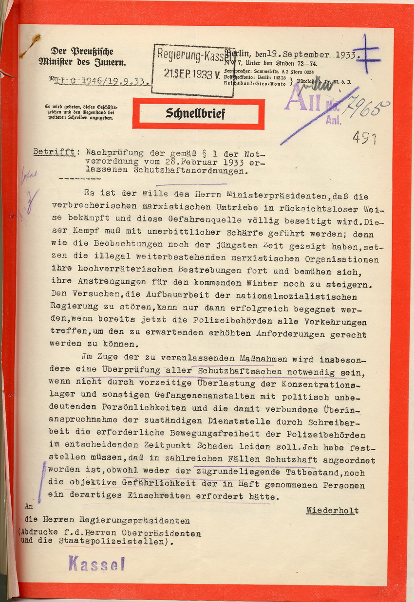 Anordnung des Innenministers zur Überprüfung der Schutzhaftordnung, da in letzter Zeit vermehrt unnötigerweise Schutzhaft angeordnet wurde, Berlin, den 19. September 1933.