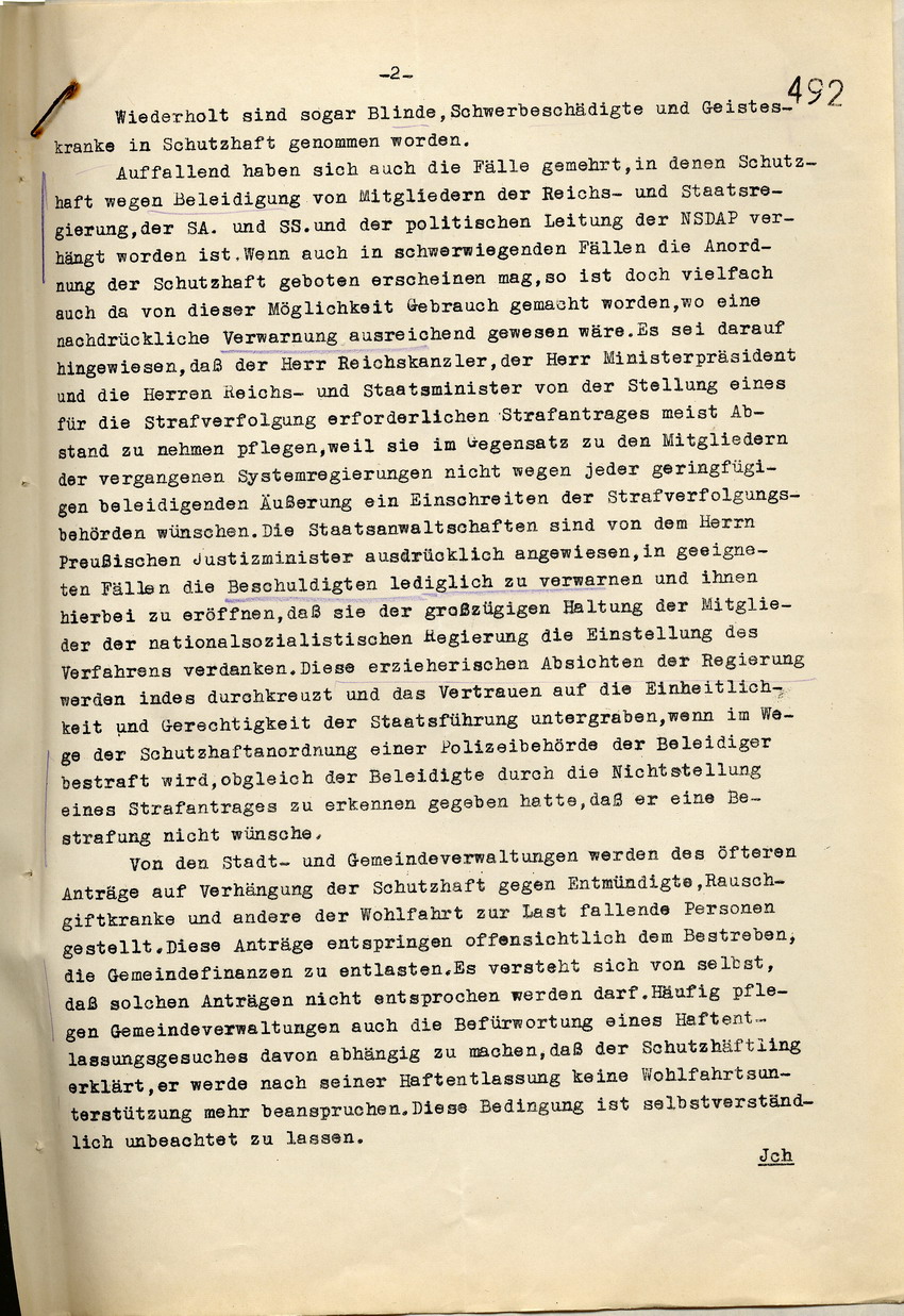 Anordnung des Innenministers zur Überprüfung der Schutzhaftordnung, da in letzter Zeit vermehrt unnötigerweise Schutzhaft angeordnet wurde, Berlin, den 19. September 1933.