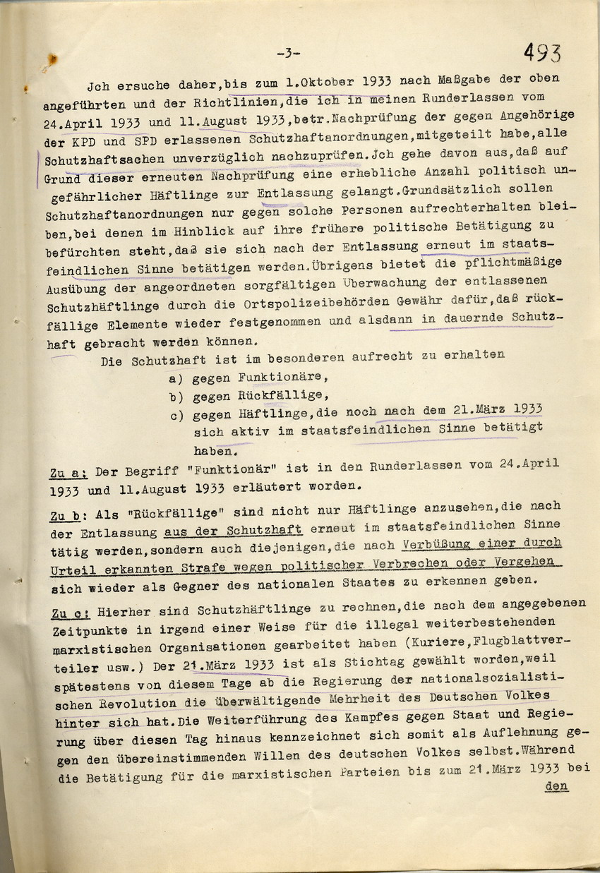 Anordnung des Innenministers zur Überprüfung der Schutzhaftordnung, da in letzter Zeit vermehrt unnötigerweise Schutzhaft angeordnet wurde, Berlin, den 19. September 1933.