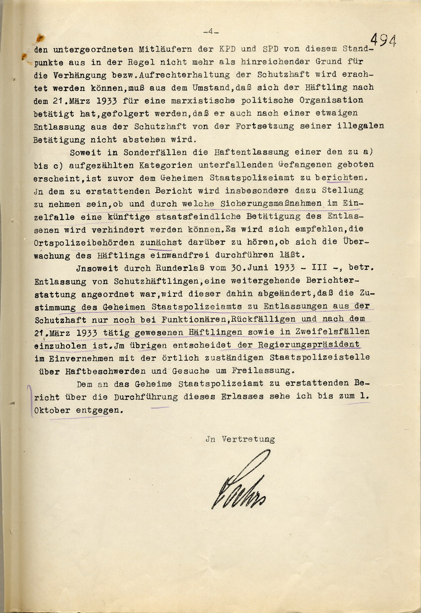 Anordnung des Innenministers zur Überprüfung der Schutzhaftordnung, da in letzter Zeit vermehrt unnötigerweise Schutzhaft angeordnet wurde, Berlin, den 19. September 1933.