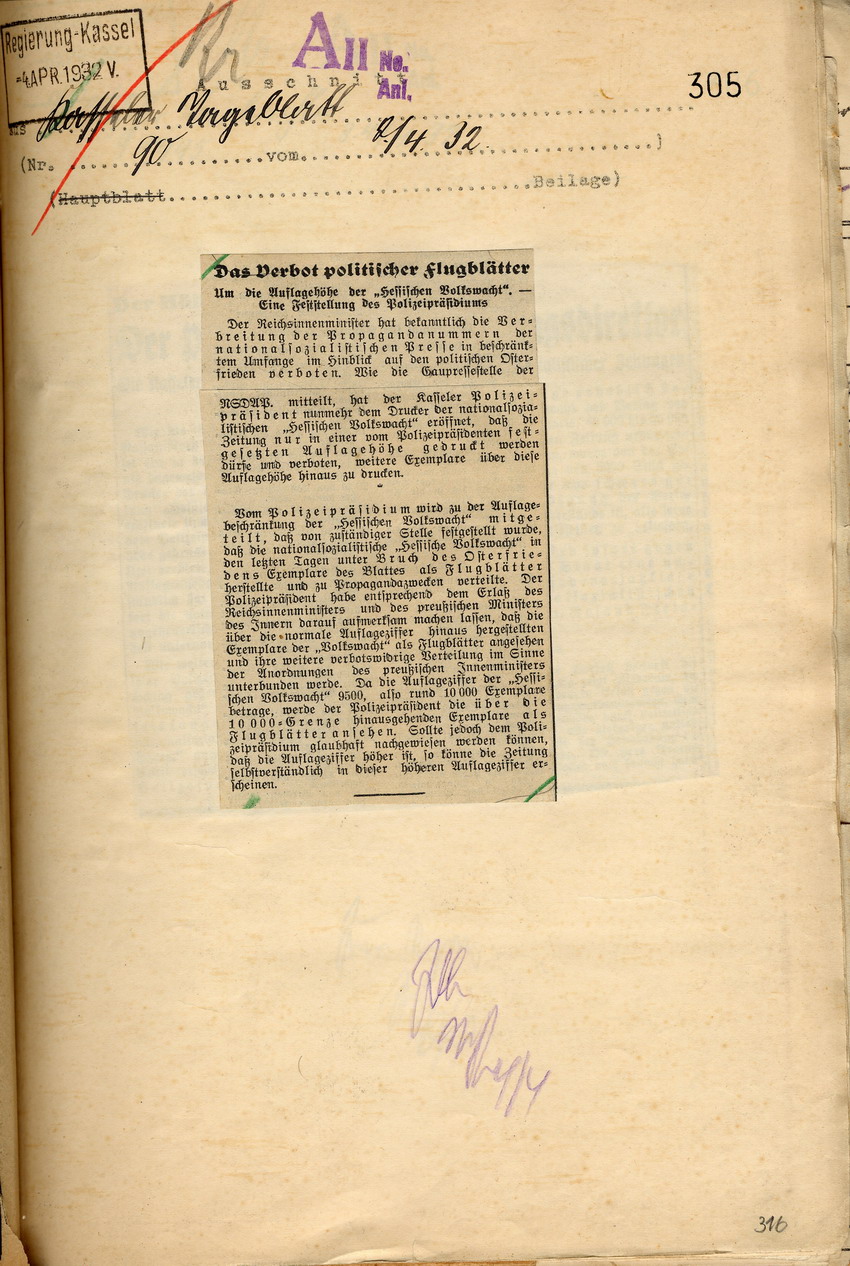 Weitere Reaktionen der Presse auf die polizeiliche Anordnung, die Auflagenhöhe nationalsozialistischer Zeitungen zu beschränken, Kassel, den 2. und 3. April 1932.
