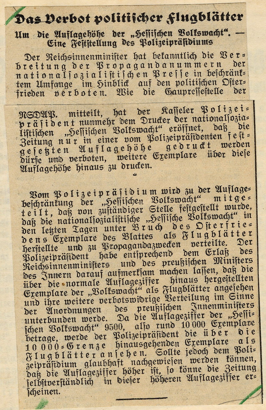 Weitere Reaktionen der Presse auf die polizeiliche Anordnung, die Auflagenhöhe nationalsozialistischer Zeitungen zu beschränken, Kassel, den 2. und 3. April 1932.