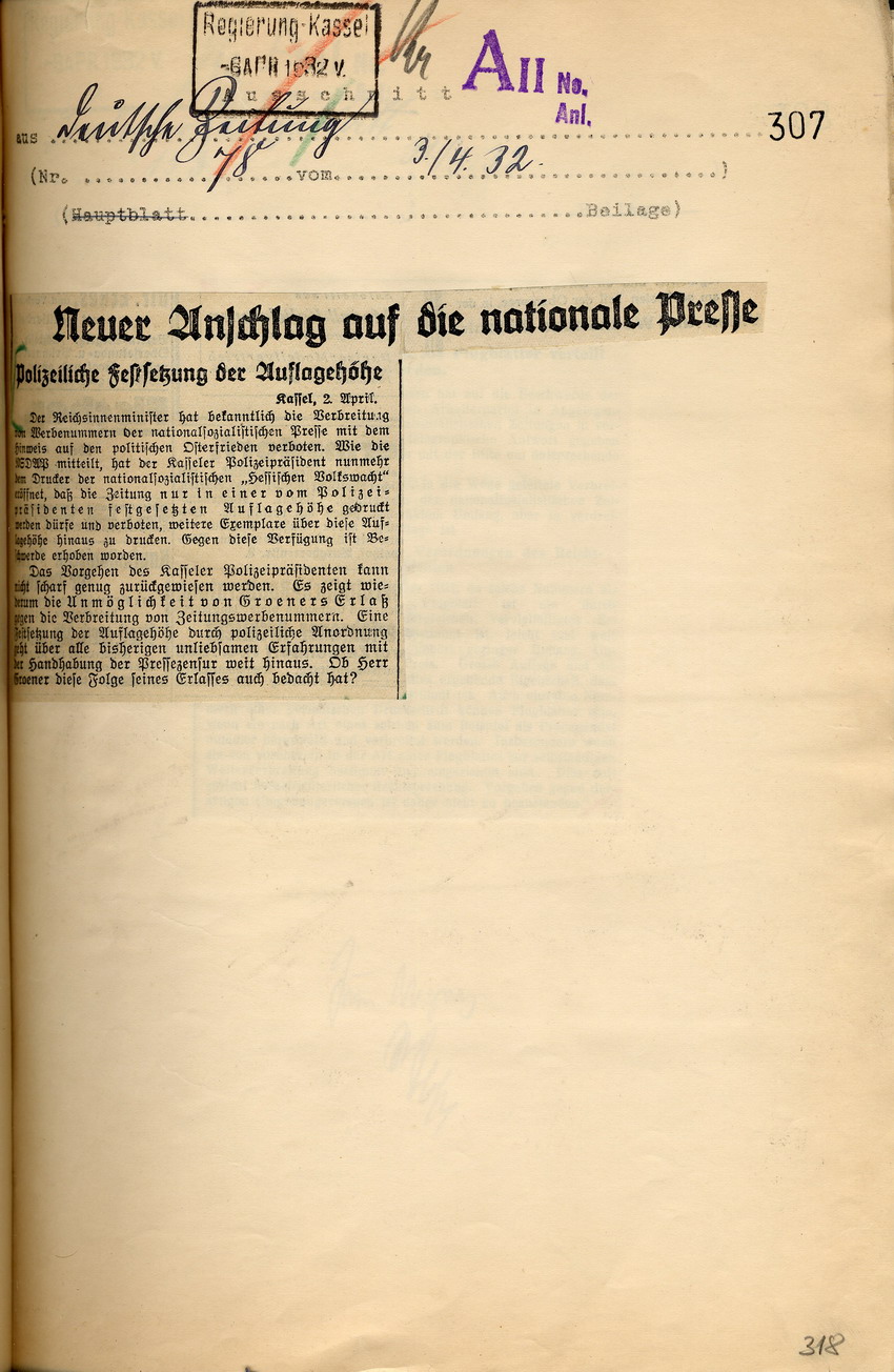 Weitere Reaktionen der Presse auf die polizeiliche Anordnung, die Auflagenhöhe nationalsozialistischer Zeitungen zu beschränken, Kassel, den 2. und 3. April 1932.
