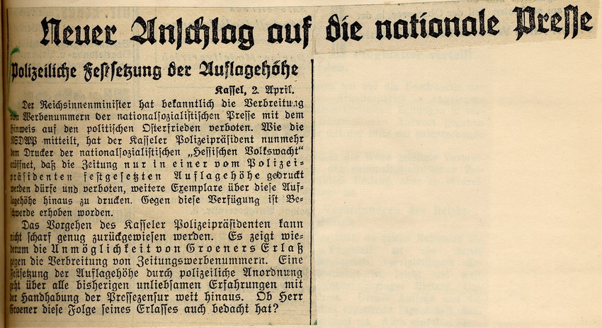 Weitere Reaktionen der Presse auf die polizeiliche Anordnung, die Auflagenhöhe nationalsozialistischer Zeitungen zu beschränken, Kassel, den 2. und 3. April 1932.