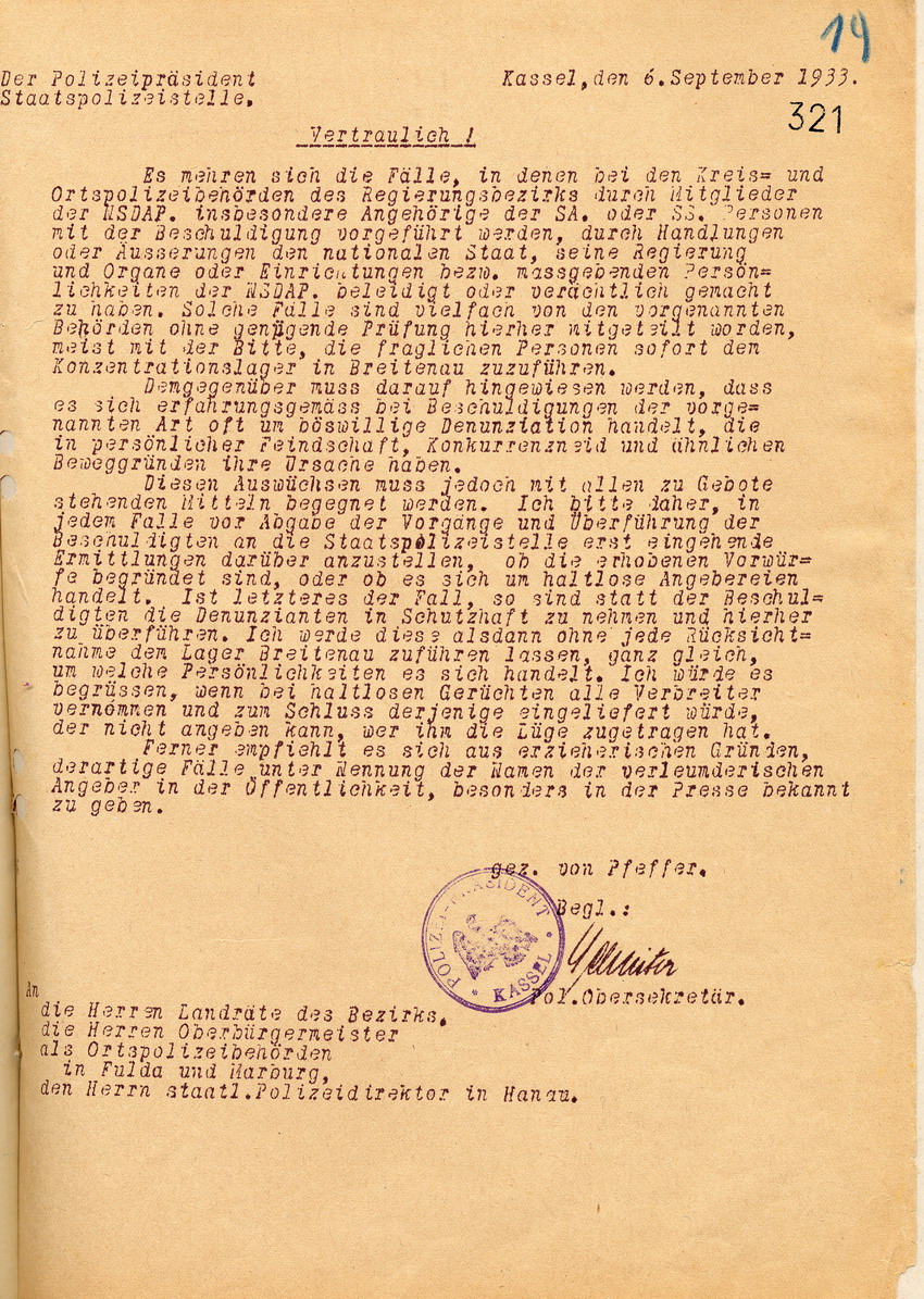 Anweisung des Polizeipräsidenten Schutzhaftanträge genauestens zu prüfen bevor sie weitergeleitet werden, um Missbrauch zu verhindern, Kassel, den 6. September 1933.