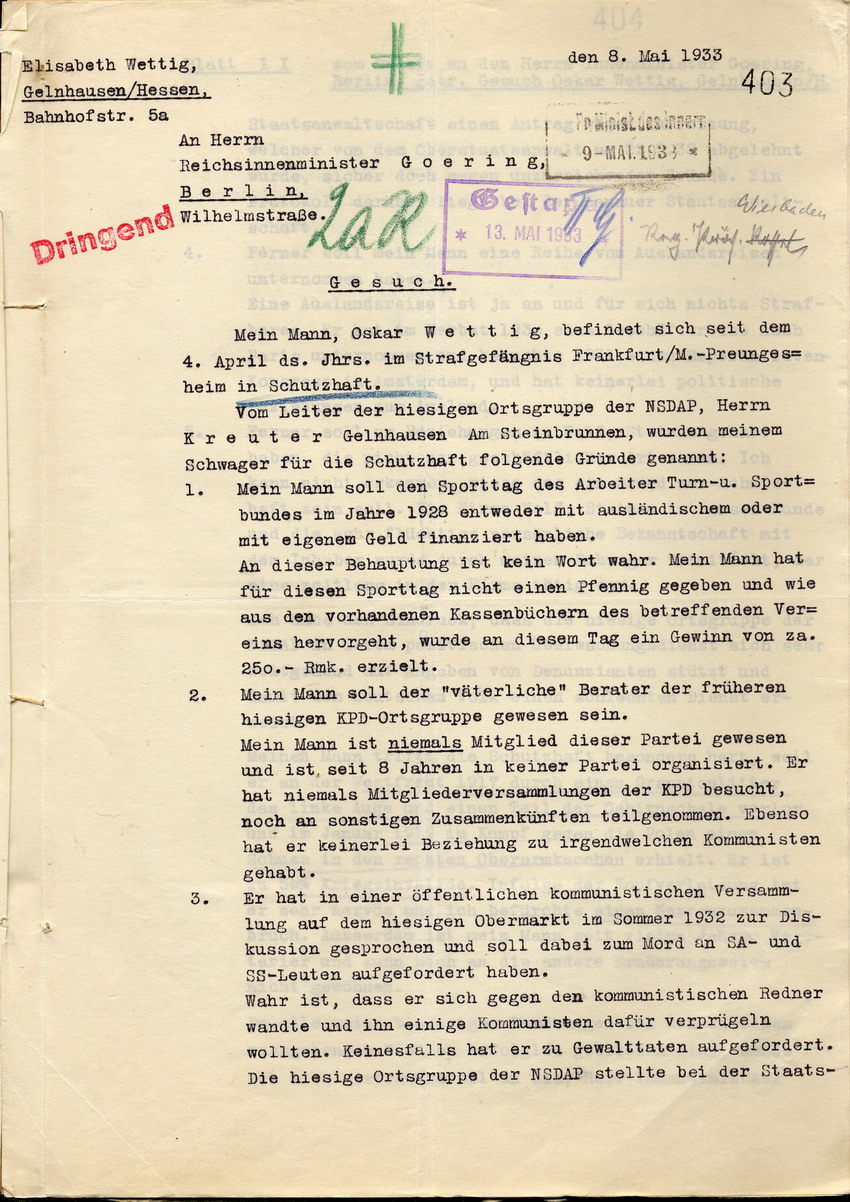 Gesuch der Elisabeth Wettig ihren Ehemann Oskar Wettig aus der Schutzhaft zu entlassen, Gelnhausen, den 8. Mai 1933.