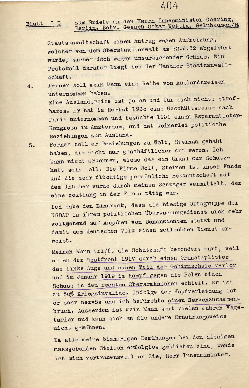 Gesuch der Elisabeth Wettig ihren Ehemann Oskar Wettig aus der Schutzhaft zu entlassen, Gelnhausen, den 8. Mai 1933.