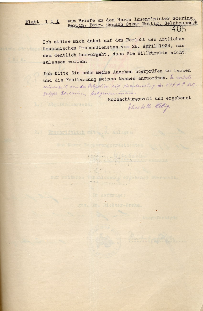 Gesuch der Elisabeth Wettig ihren Ehemann Oskar Wettig aus der Schutzhaft zu entlassen, Gelnhausen, den 8. Mai 1933.