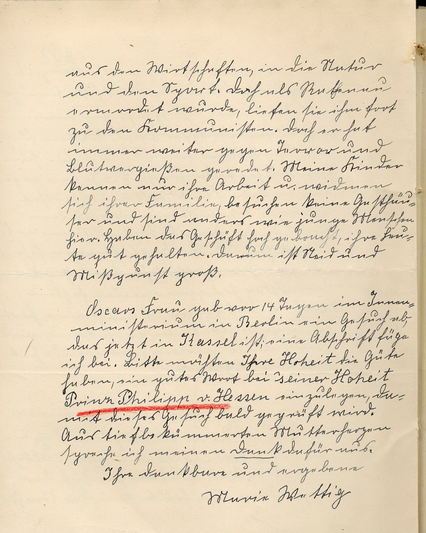 Brief der Maria Wettig über die Situation ihres Sohnes Oskar Wettig, der sich in Schutzhaft befindet, Gelnhausen, den 25. Mai 1933.