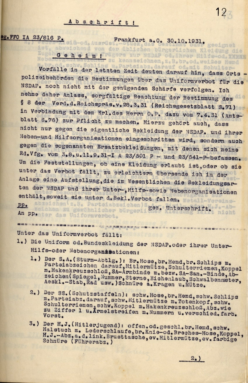 Maßnahmenkatalog des Nachrichtendienstes zur Erfassung und Überwachung radikaler nationalsozialistischer Gruppierungen, 30. Oktober und 10. November 1931.