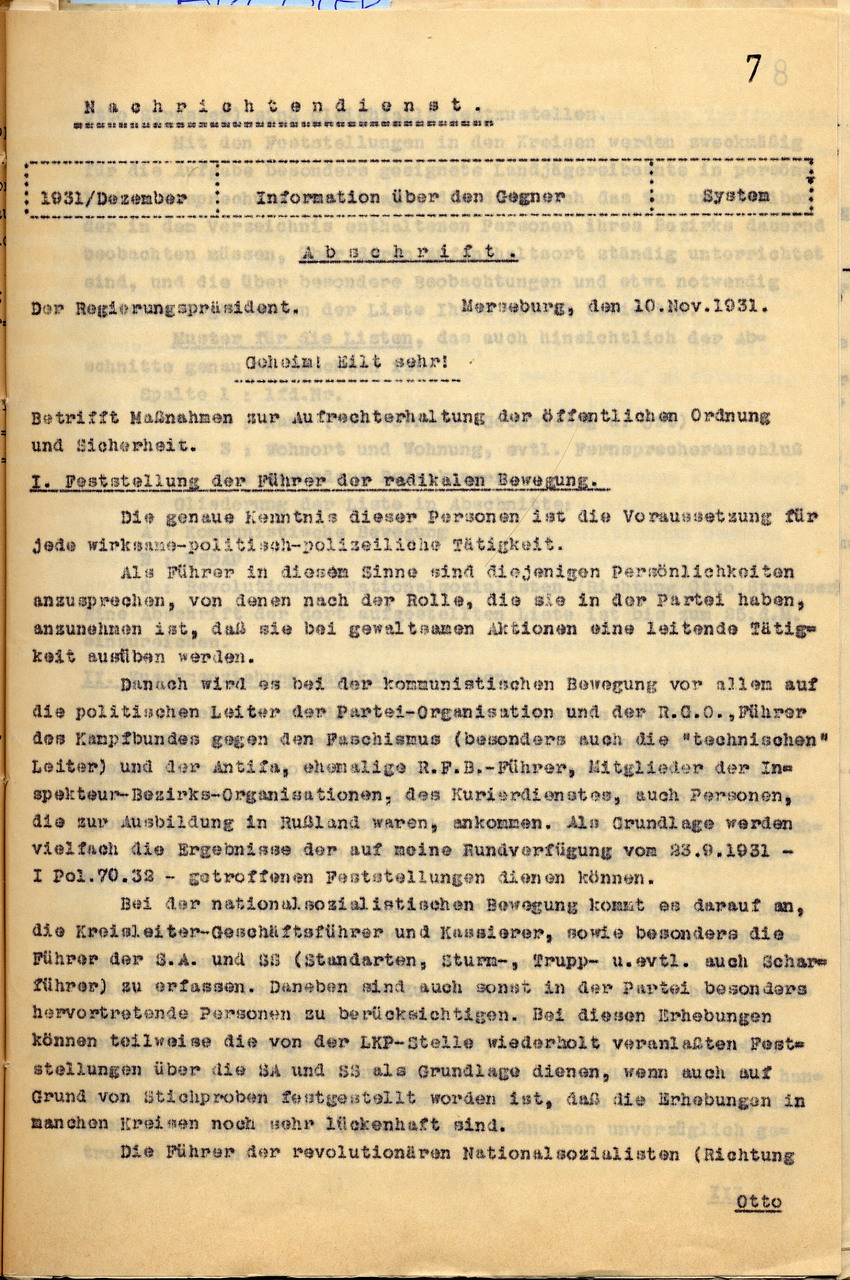 Maßnahmenkatalog des Nachrichtendienstes zur Erfassung und Überwachung radikaler nationalsozialistischer Gruppierungen, 30. Oktober und 10. November 1931.