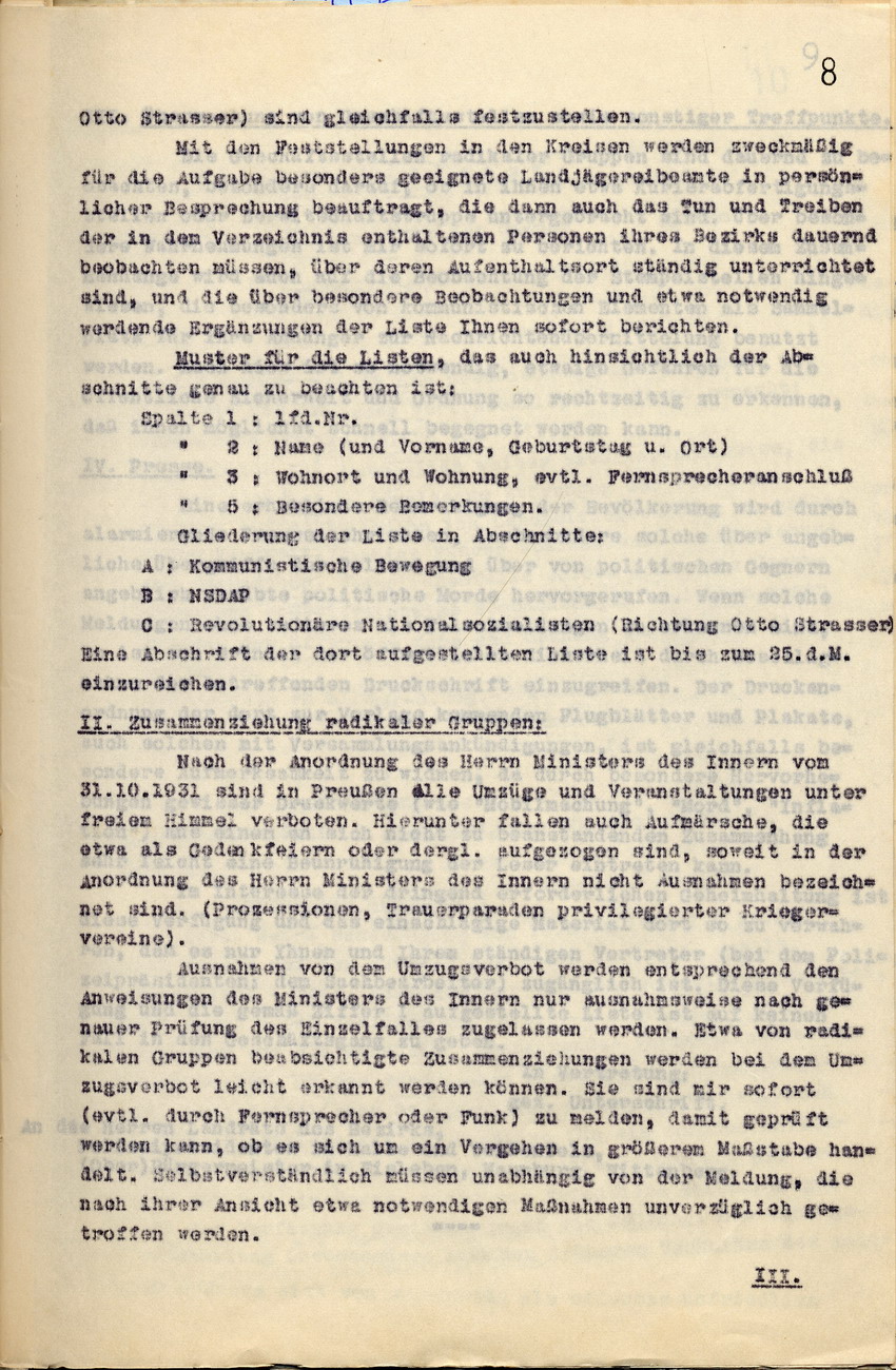 Maßnahmenkatalog des Nachrichtendienstes zur Erfassung und Überwachung radikaler nationalsozialistischer Gruppierungen, 30. Oktober und 10. November 1931.