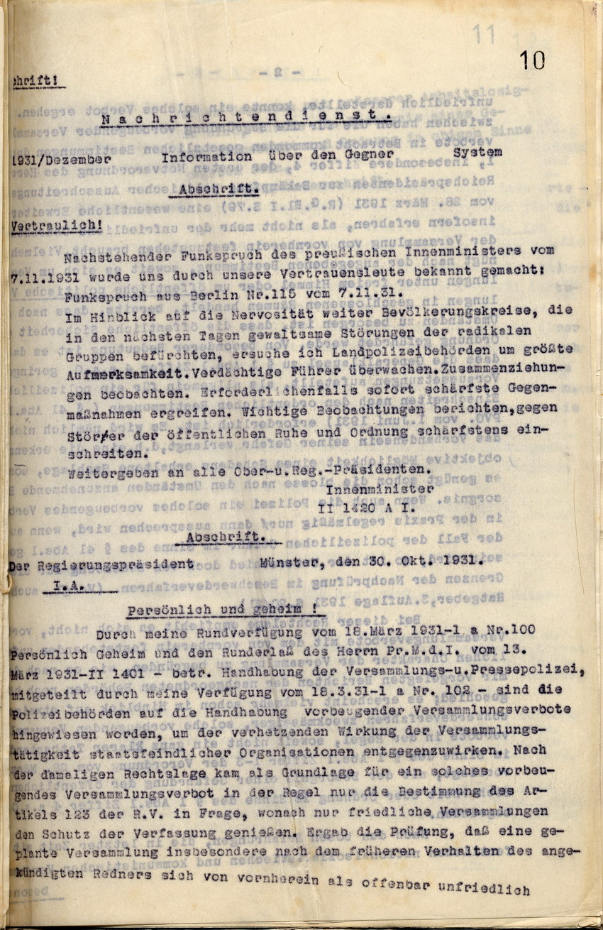Maßnahmenkatalog des Nachrichtendienstes zur Erfassung und Überwachung radikaler nationalsozialistischer Gruppierungen, 30. Oktober und 10. November 1931.