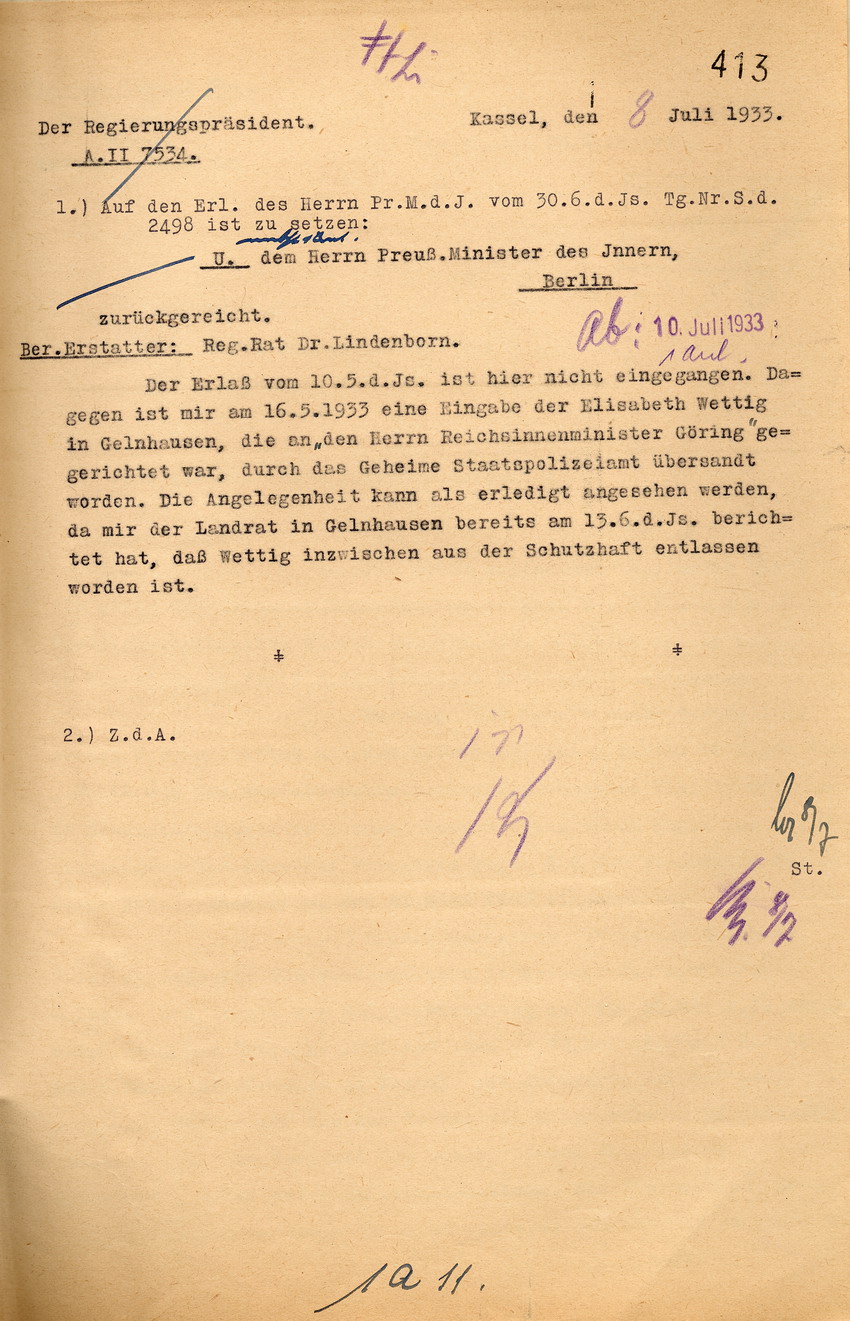 Reaktion der Regierungspräsidenten auf die Eingabe der Elisabeth Wettig, Kassel, den 8. Juli 1933.