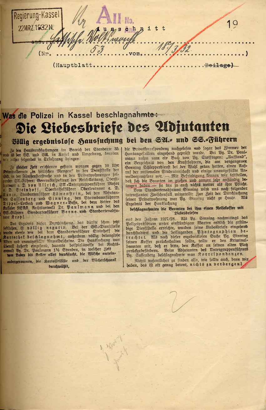 Pressekommentare aus der "Hessischen Volkswacht" über die Haussuchungen bei Mitgliedern der Kasseler SA und SS nebst einem Aufruf Freislers, Kassel, den 17. und 18. März 1932.