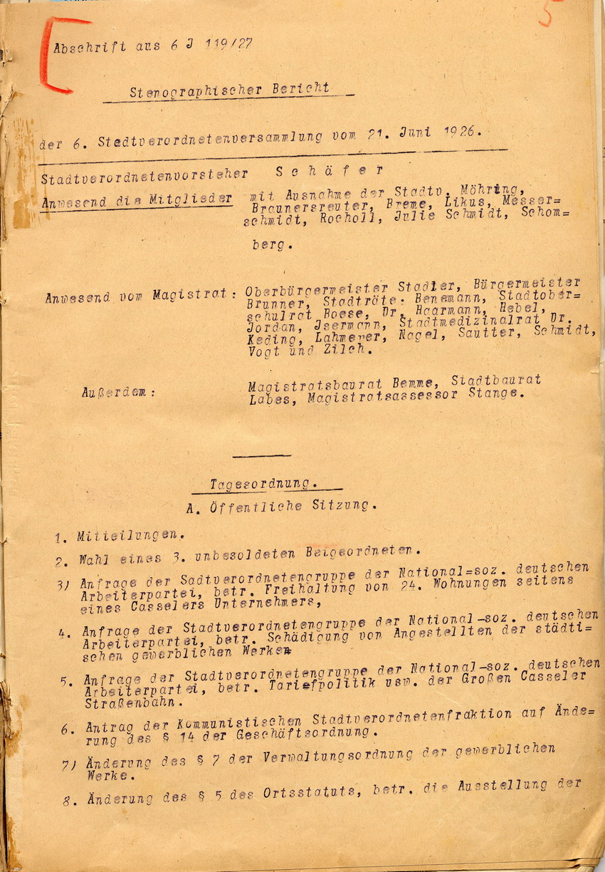 Stenographischer Bericht der Kasseler Stadtverordnetenversammlung vom 21. Juni 1926.