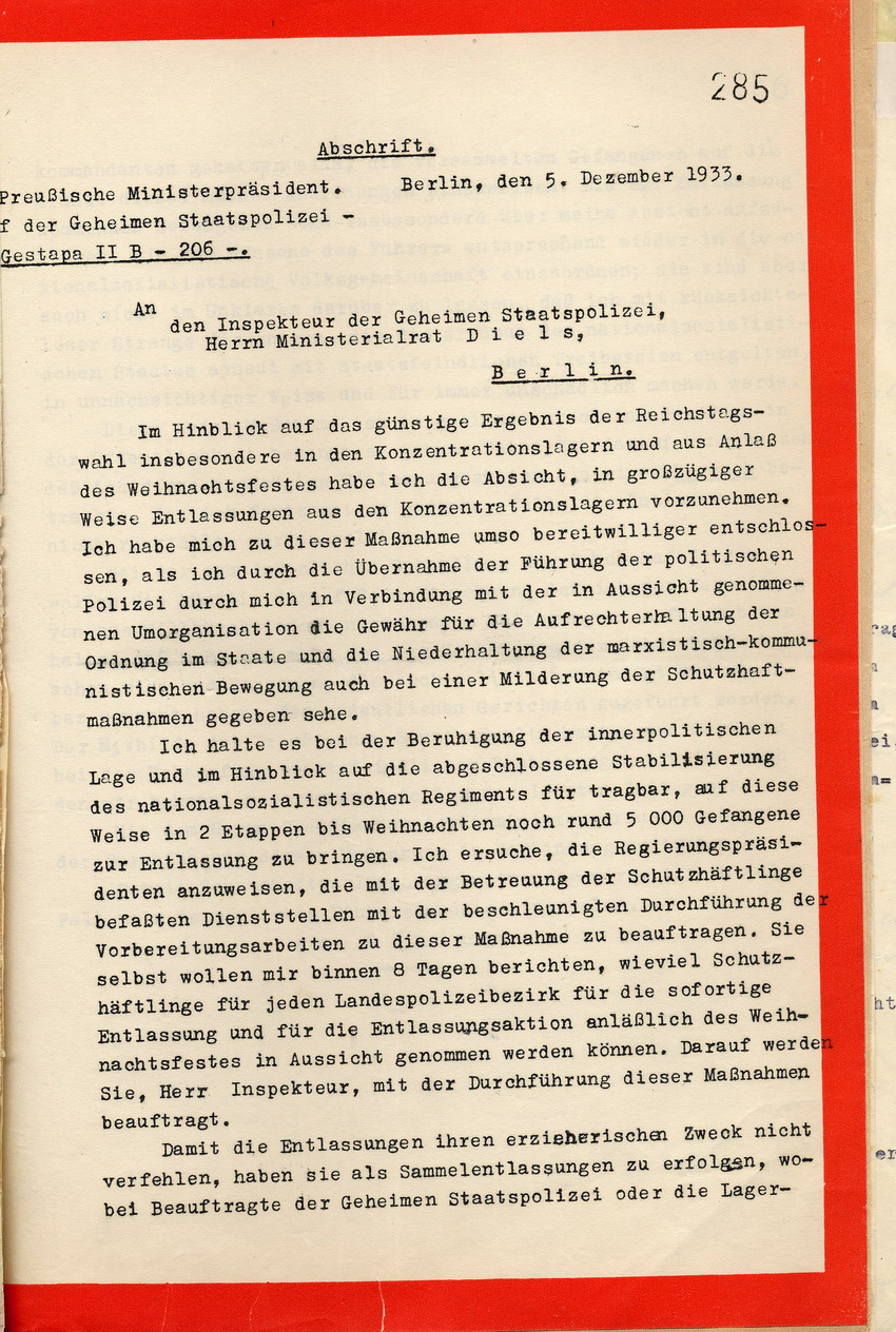 Mitteilung des Innenministers über das Vorhaben bis Weihnachten rund 5000 Schutzhäftlinge zu entlassen, Berlin, den 5. Dezember 1933.