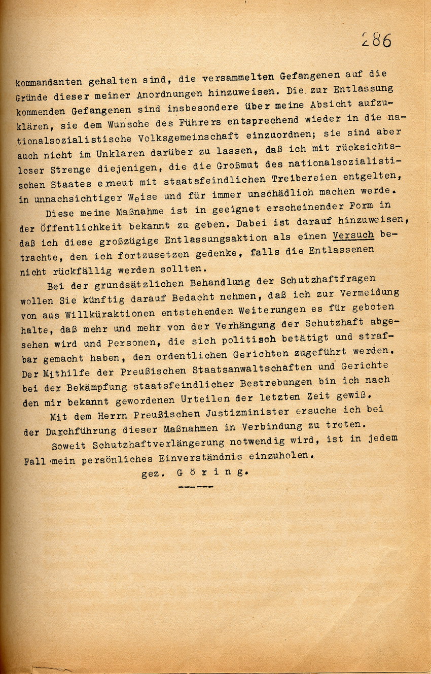 Mitteilung des Innenministers über das Vorhaben bis Weihnachten rund 5000 Schutzhäftlinge zu entlassen, Berlin, den 5. Dezember 1933.
