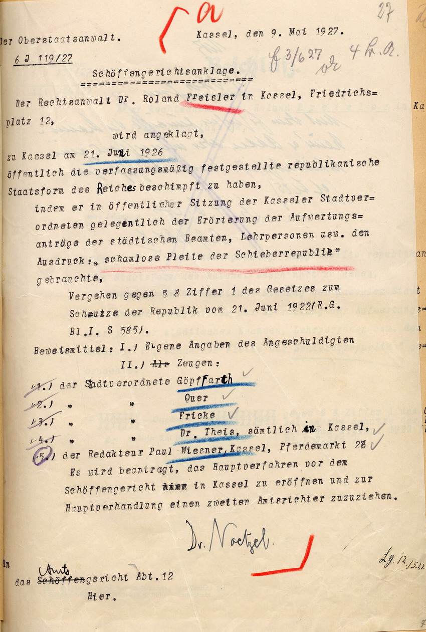Anklageschrift des Oberstaatsanwalts in Kassel gegen den Stadtverordneten Freisler, Kassel, den 9. Mai 1927.