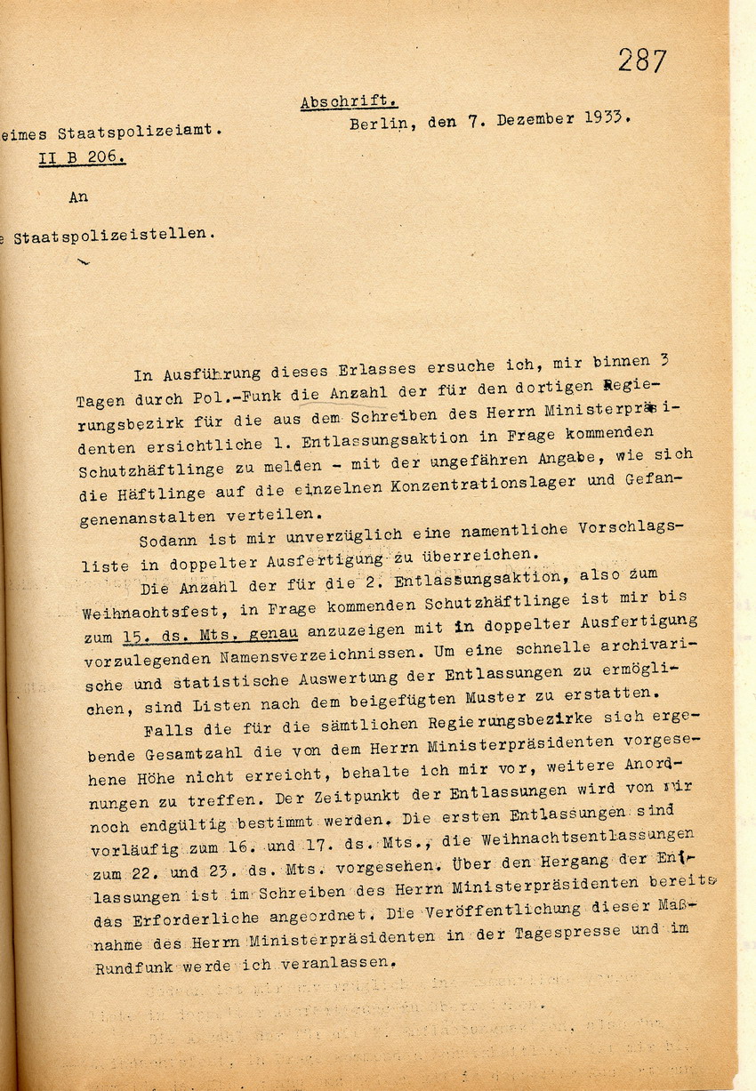 Mitteilung des Geheimen Staatspolizeiamtes zur Durchführung der geplanten Entlassung von Schutzhäftlingen, Berlin, den 7. Dezember 1933.