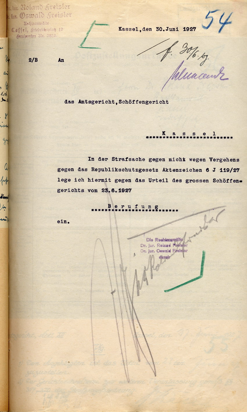 Die Anwälte Freisler legen Berufung gegen das Urteil des Schöffengerichts gegen Roland Freisler vom 23. Juni 1927 ein, Kassel, den 30. Juni 1927.