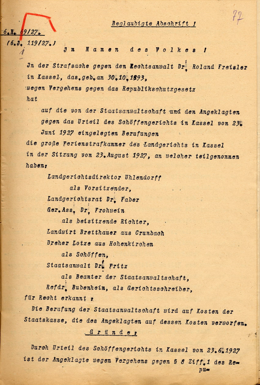 Erneutes Urteil der Ferienstrafkammer des Landgerichts Kassel und erneut eingelegte Revision der Anwälte Freisler, Kassel, den 23. und 30. August 1927.