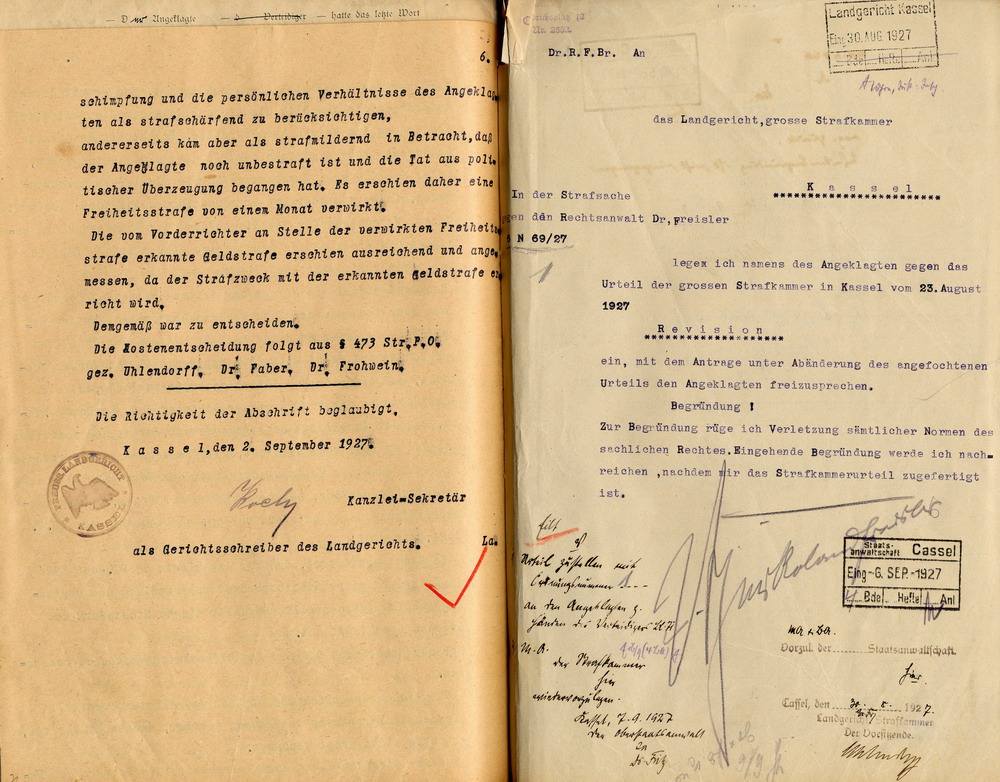 Erneutes Urteil der Ferienstrafkammer des Landgerichts Kassel und erneut eingelegte Revision der Anwälte Freisler, Kassel, den 23. und 30. August 1927.